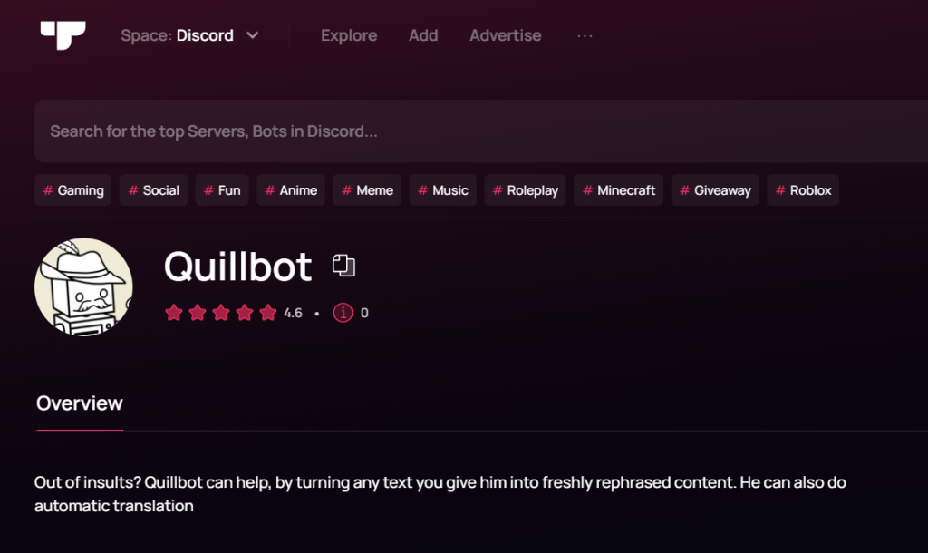添加Quillbot不和谐Bot _ The #1 Discord Bot List