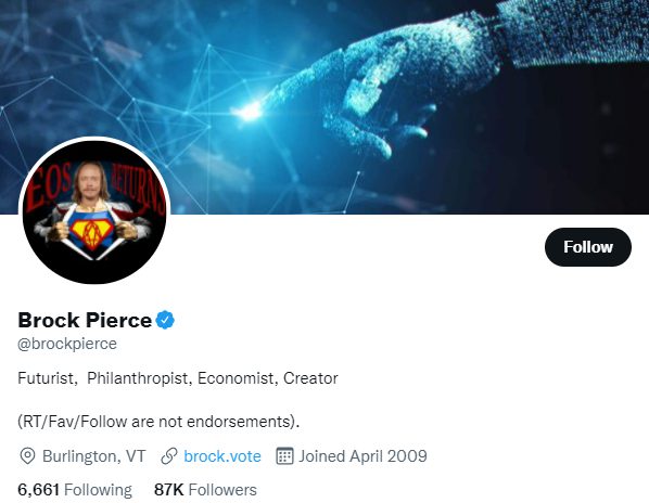 布罗克·皮尔斯（Brock Pierce）在Twitter上